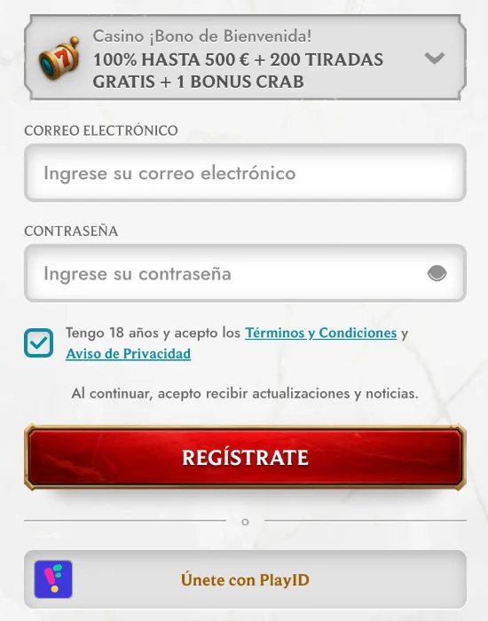 Formulario de registro y creación de cuenta en MyEmpire Casino